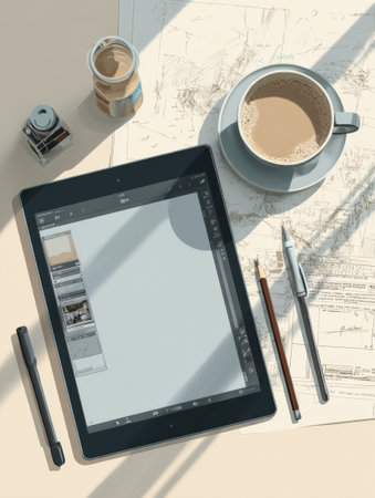 Digital tablet displays an empty sketch pad, surrounded by coffee, art supplies, and sketches on a table basking in sunlight, creating an inspiring workspace.の素材