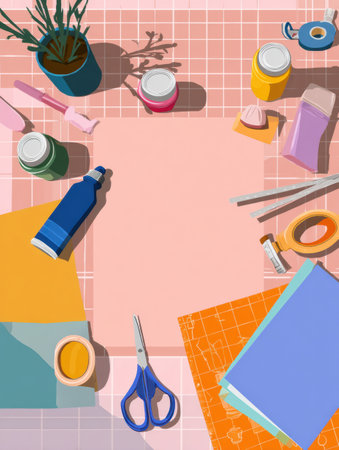 DIY crafts table filled with glue, scissors, colorful paper, and decorative items, inviting creativity and exploration in a cozy crafting environment.の素材