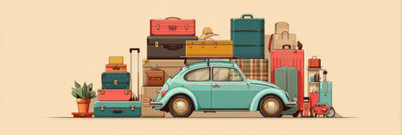 Colorful luggage is arranged around a vintage car, ideal for a weekend road trip. The setting showcases neat packing, evoking travel excitement.の素材