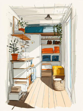 Bright and welcoming tiny home interior features well-organized storage with plants and colorful bins, creating a functional and calming space.の素材