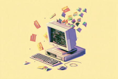 A computer displayed in disarray with files scattering around and exclamation marks indicating errors, capturing a moment of technological failure.の素材