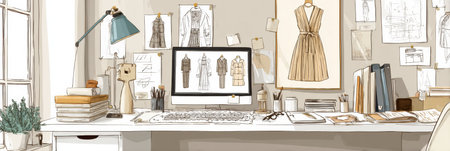A well-organized fashion design workspace features sketches, fabrics, and tools, fostering a creative environment for designers during their projects.の素材