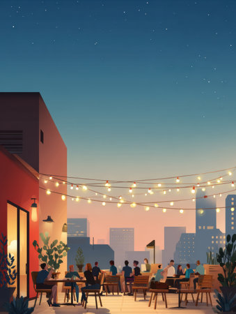 Gathering of friends at a rooftop party enjoying the warm evening ambiance enhanced by string lights against the backdrop of a city skyline.の素材