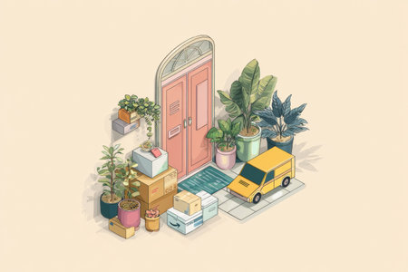 A cheerful subscription box delivery is placed at a doorstep, surrounded by vibrant plants and various boxes, creating a welcoming atmosphere.の素材