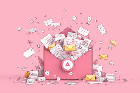 An overflowing inbox filled with error messages dominates the lower section, while the top part remains clear, illustrating the chaos of digital correspondence.の素材