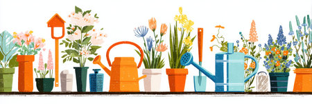 Gardening tools like watering cans and shovels are showcased with bright potted flowers, creating a cheerful gardening vibe.の素材