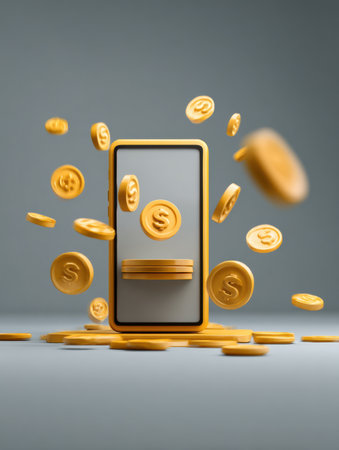 Concept of mobile banking with a smartphone surrounded by floating currency symbols, illustrating the ease of digital transactions in contemporary finance.の素材