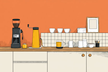 Bright orange wall sets a lively backdrop for a minimal kitchen counter showcasing a coffee grinder alongside various cups and accessories for brewing coffee.の素材