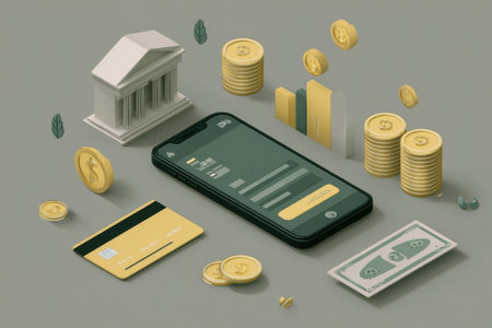 Smartphone with banking app, currency symbols, coins, and charts, showcasing modern mobile finance and digital transactions.の素材
