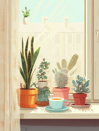 Bright and clean window adorned with various potted plants and a steaming cup of tea, perfect for a relaxing spring morning moment indoors.の素材