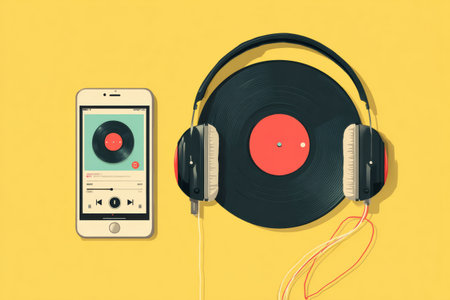 A smartphone interface shows a music streaming app alongside headphones and a vinyl record, all set against a vibrant yellow background.の素材