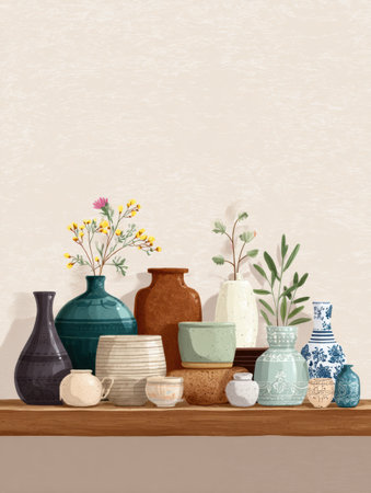 Ceramics and vases in various shapes and colors are organized neatly on a wooden shelf, creating an aesthetic display in a cozy setting.の素材