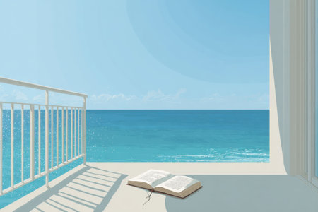Calm ocean view from a balcony featuring an open journal, inviting reflection and creativity in a tranquil coastal setting under bright sunlight.の素材