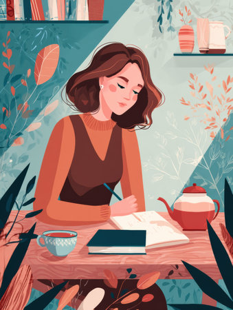 A woman sits at a neat wooden desk, journaling with a cup of tea nearby, immersed in a tranquil atmosphere enhanced by natural elements.の素材