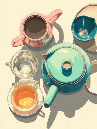 A modern tea set arranged on a clean surface features a colorful teapot, cups, and transparent glass. This inviting setup is perfect for tea enthusiasts.の素材