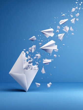 This vibrant illustration showcases paper planes crashing out of an envelope, symbolizing email bounce backs and communication breakdowns in a creative manner.の素材