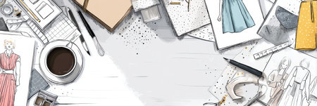Fashion design workspace showcases various sketches, tools, and a cup of coffee, emphasizing creativity in a tidy and organized environment.の素材