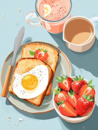 A delightful breakfast includes toast topped with a fried egg and fresh strawberries, paired with a refreshing smoothie in a cheerful atmosphere.の素材
