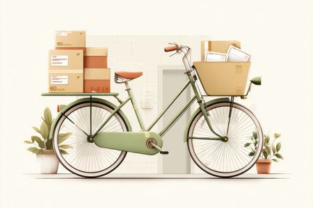 A green delivery bike, loaded with parcels, stands in front of a clean urban backdrop, showing sustainable transport options.の素材