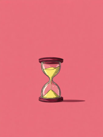An hourglass is depicted with a loop concept, showing sand caught in a cycle. The upper third is open, suggesting endless time flow.の素材