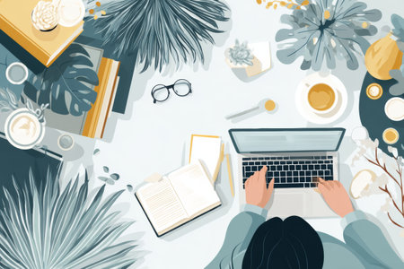 A student is diligently studying at a minimalistic workspace surrounded by books, indoor plants, and a laptop, creating a calm atmosphere for learning.の素材