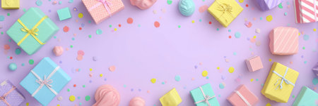 Pastel-themed birthday decorations showcase colorful gifts and playful confetti scattered over a light background, creating a festive celebration vibe.の素材