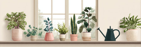 Brightly lit indoor plants are arranged on a windowsill next to a watering can, creating an inviting and minimalistic atmosphere filled with greenery.の素材