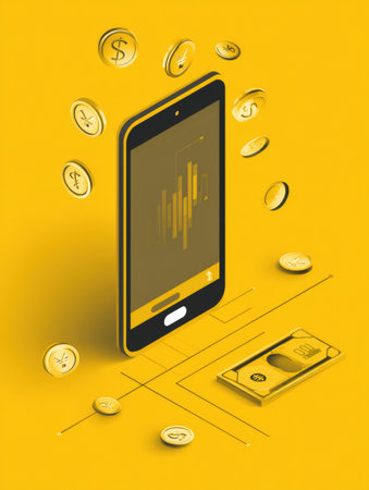 Illustration showcases a smartphone displaying financial data surrounded by various currency symbols, representing modern banking and finance trends.の素材