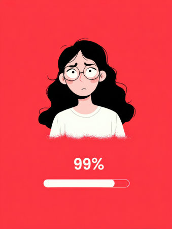 A loading bar shows 99% complete, while an anxious character embodies impatience in a vibrant red backdrop.の素材