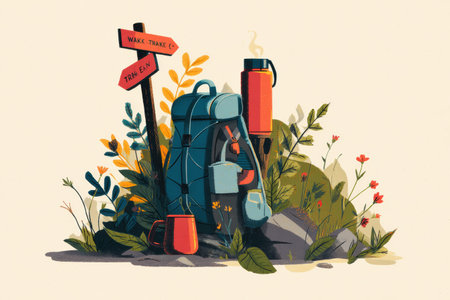 Ready for a weekend nature hike, a backpack and thermos sit next to trail signs amidst vibrant wildflowers and lush greenery on a clear day.の素材