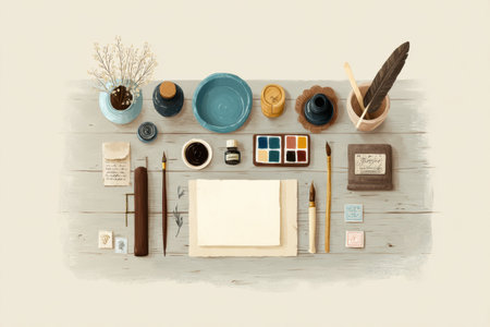 This workspace has a minimalist calligraphy desk with ink, paper, and art tools, providing an inspiring creative environment.の素材
