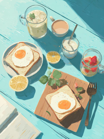 A vibrant breakfast arrangement featuring toast topped with eggs, refreshing smoothies, and fruits, set on a bright blue table under natural light.の素材