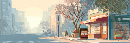 At sunrise, a tranquil city street awakens with a newspaper stand and coffee shop, bathed in gentle light for a peaceful vibe.の素材