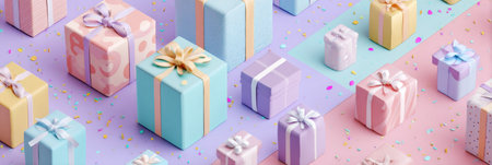 A vibrant birthday celebration showcases pastel gifts and scattered confetti, creating an inviting and joyful setting for festivities and special moments.の素材