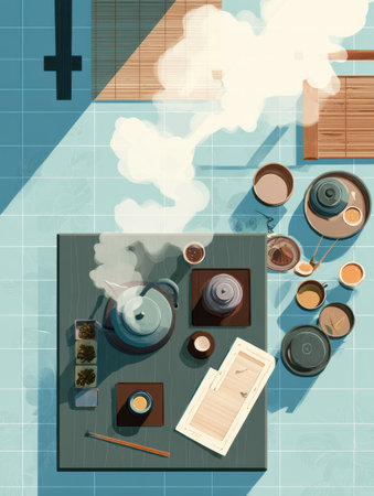 A peaceful tea ceremony arrangement showcases steam rising from a kettle, with various utensils and calming colors contributing to a tranquil environment.の素材