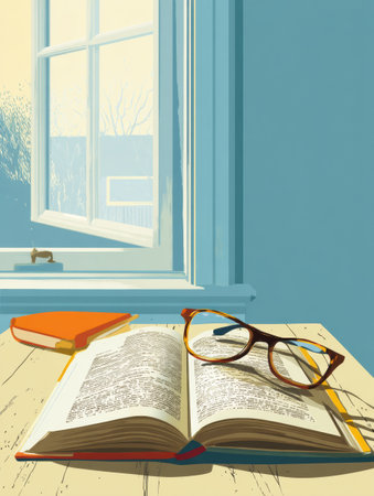 An open book rests on a wooden table beside glasses, illuminated by warm sunlight coming through a window, suggesting a cozy reading atmosphere.の素材