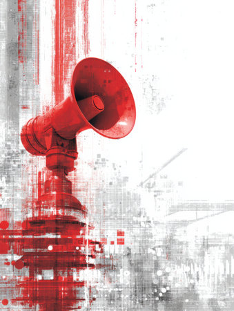 A red alert siren stands prominently against a digital backdrop, conveying a sense of urgency and alarm, with a faded right zone adding depth.の素材