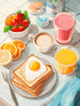 A delightful breakfast spread with golden toast topped with an egg, colorful smoothies, fresh fruits, and warm coffee creating a vibrant morning atmosphere.の素材