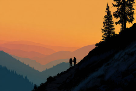 Two hikers ascend a mountain path silhouetted against a stunning sunset, surrounded by majestic peaks and a tranquil atmosphere.の素材