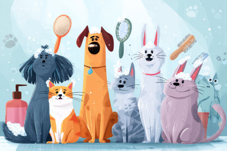 Various cheerful animals are having a fun grooming day, getting cleaned with brushes and shampoo in a bright, tidy setting filled with pet supplies.の素材