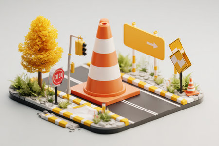 A traffic cone and detour sign stand out on a digital path, framed by greenery and urban features, indicating construction.の素材