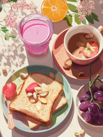 Delicious toast topped with nuts and strawberries, alongside a smoothie, fresh grapes, and an orange slice, creating a vibrant breakfast table experience.の素材
