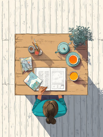 A woman is journaling at a tidy wooden desk, enjoying tea and surrounded by notebooks and a plant in a calm afternoon setting.の素材