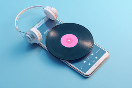 A smartphone displays a music app, framed by a vinyl record and headphones, merging modern digital and classic analog music.の素材