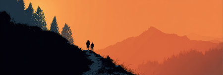 Two hikers walk along a mountain path during sunset, as the silhouettes contrast with the warm, colorful sky and peaceful surroundings.の素材