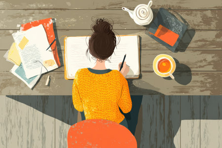 A woman sits at a wooden desk journaling thoughtfully while sipping tea. Papers and books are scattered, creating an inspiring workspace for creativity.の素材