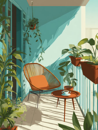 A serene balcony garden features a comfortable chair and small table with coffee, surrounded by lush plants that create a peaceful atmosphere for relaxation.の素材