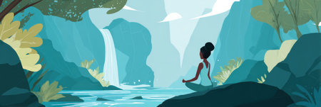 A person sits peacefully in a meditative pose by a tranquil waterfall, surrounded by majestic rocks and verdant plants under a clear sky.の素材