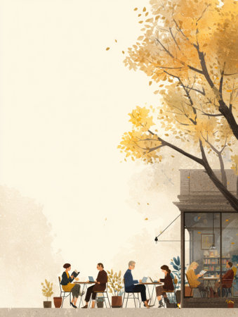 Warm atmosphere of an autumn cafe where individuals are engaged in reading and working on laptops while enjoying the seasonal beauty of nature.の素材