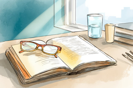 On a table by the window, an open book rests with a pair of glasses nearby, complemented by a glass of water, reflecting a tranquil reading moment in daylight.の素材